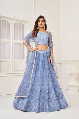 Powder Blue Mirror Work Lehenga Choli