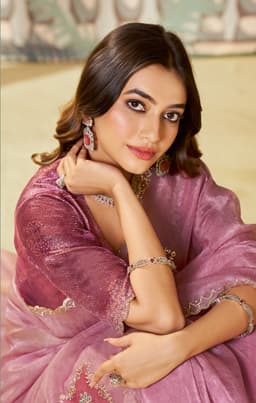 Dusty Rose Swarovski Satin Organza Silk Saree