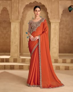 Rust Orange Satin Chiffon Embroidered Wedding Saree