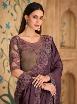 Dark Plum Satin Chiffon Embroidered Wedding Saree