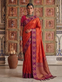 Orange Soft Silk Saree with Purple Woven Border