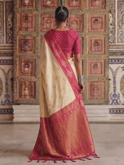 Cream Silk Saree with Pink Gold Woven Border