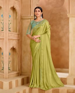 Olive Green Satin Chiffon Embroidered Wedding Saree