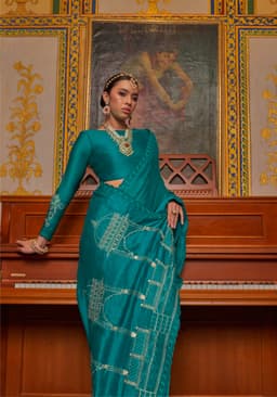 Teal Satin Chiffon Saree with Mandir Embroidery