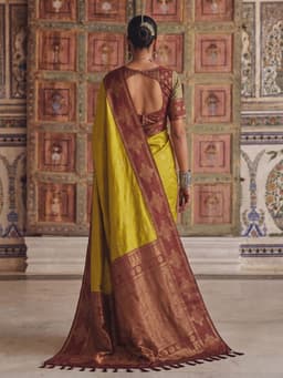 Mustard Yellow Silk Saree with Maroon Woven Border