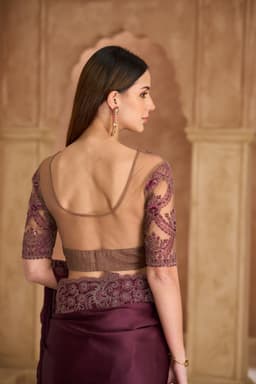 Dark Plum Satin Chiffon Embroidered Wedding Saree