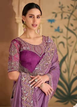Lavender Tissue Georgette Embroidered Wedding Saree
