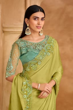 Olive Green Satin Chiffon Embroidered Wedding Saree