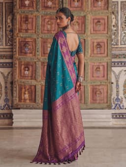 Teal Soft Silk Saree with Purple Woven Border