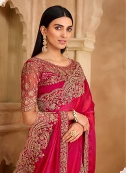 Hot Pink Satin Chiffon Embroidered Wedding Saree